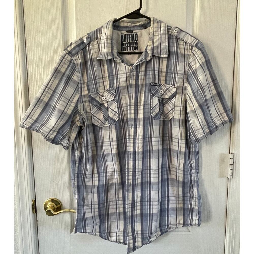 Buffalo David Bitton Men’s Plaid Snap Button Shirt Blue White Large